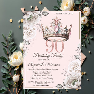Princess Crown Floral 90th Birthday Party Invitation