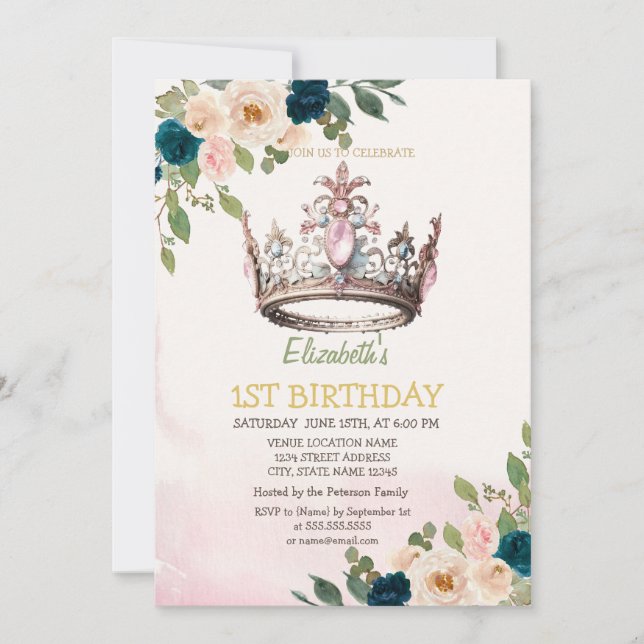Princess Crown Flowers Dots Birthday  Invitation (Front)