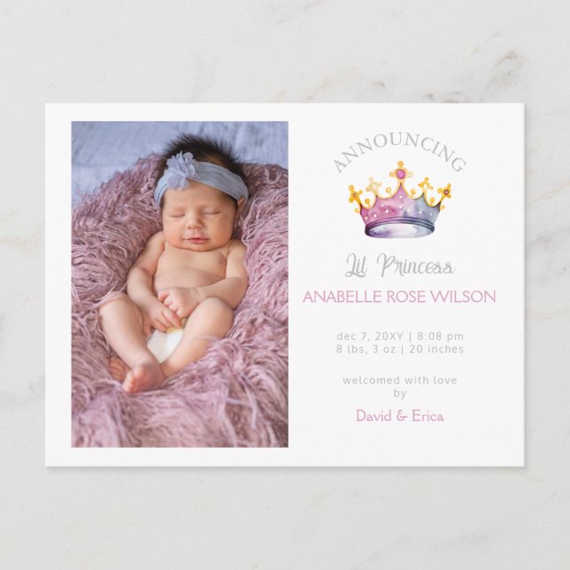 Princess Crown Girl Pink Photo Birth Announcement (Front)