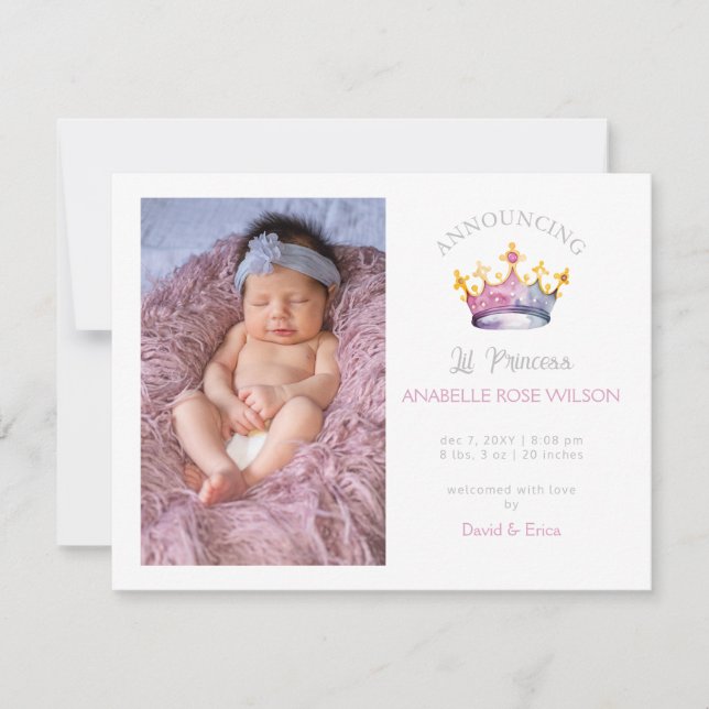 Princess Crown Girl Pink Photo Birth Announcement (Front)