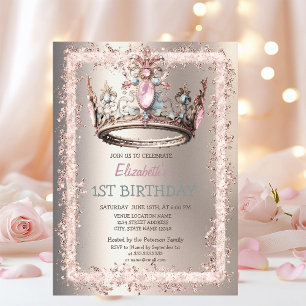 Princess Crown Glitter Frame Ivory Birthday   Invitation