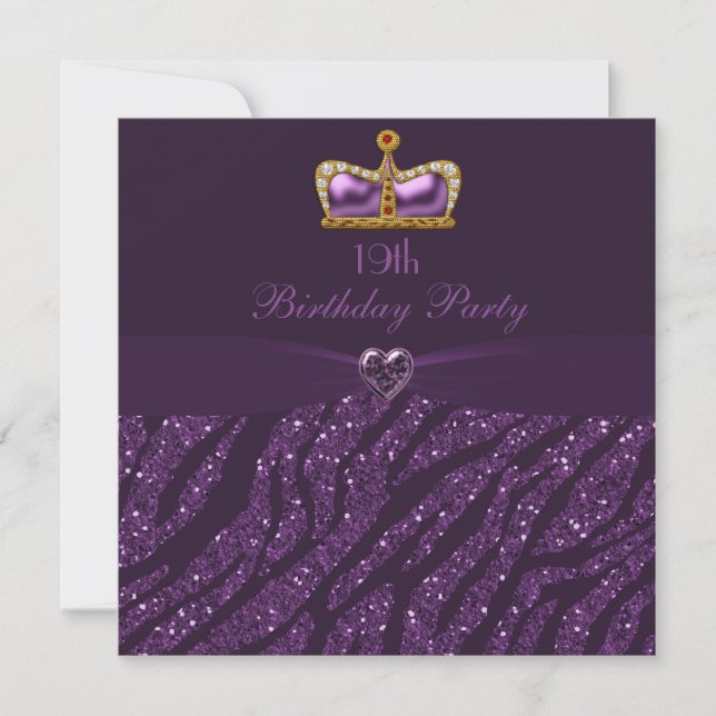 Princess Crown Heart & Zebra Glitter 19th Birthday Invitation (Front)