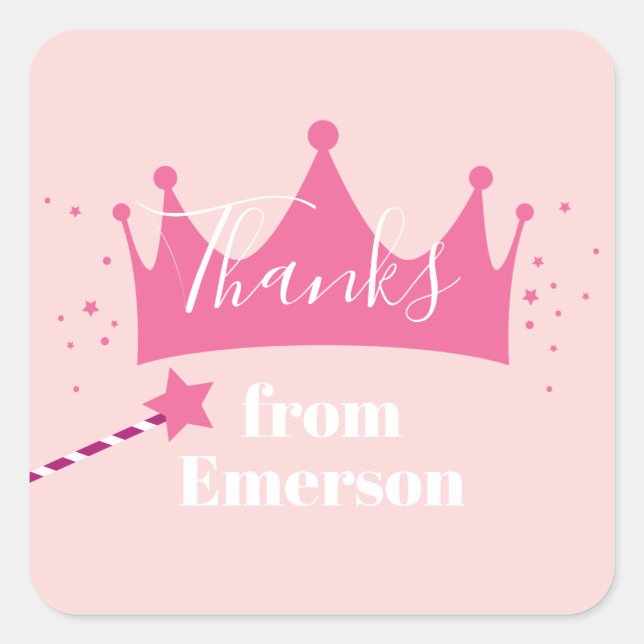 Princess crown kids birthday party thank you square sticker (Front)