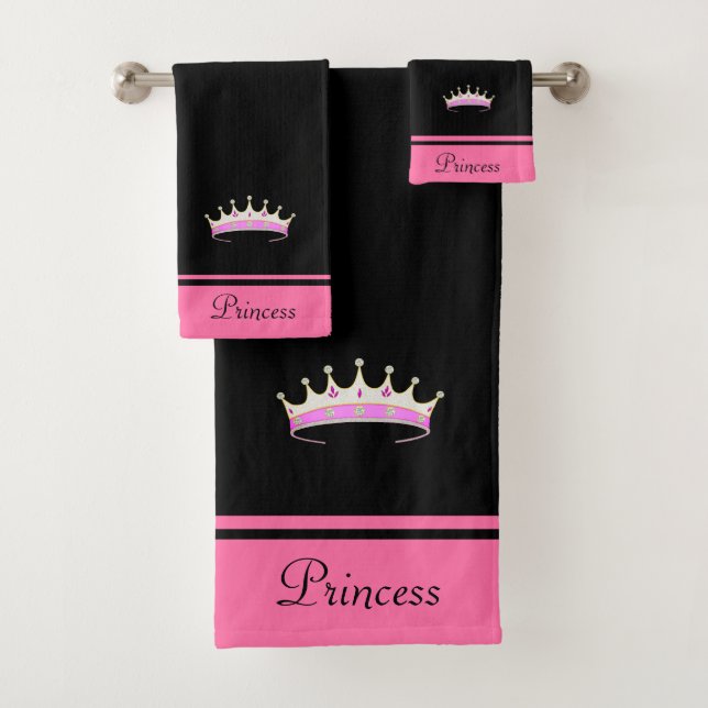 Princess Crown & Name Text on Black & Pink Bath Towel Set (Insitu)