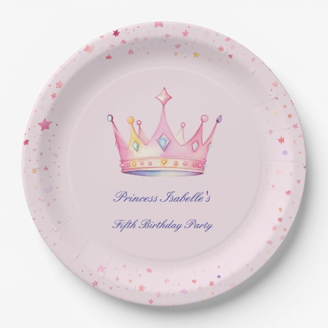 Princess Crown Pastel Pink Little Girl Birthday Paper Plate (Front)