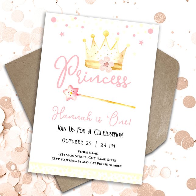 Princess Crown Pink 1st Girl Birthday  Invitation (Creator Uploaded)