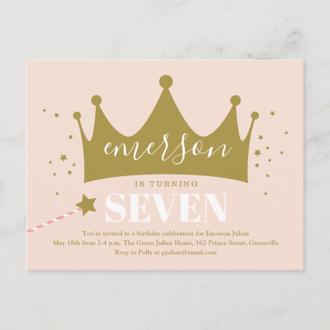 Princess crown pink birthday party invitation postcard (Front)