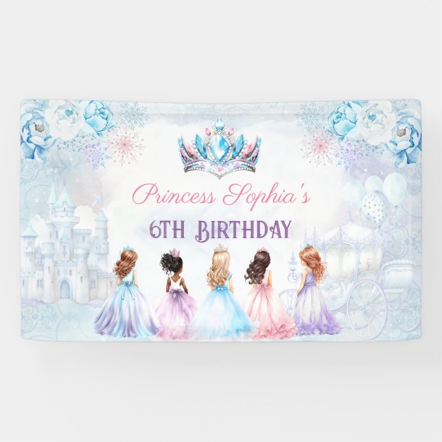 Princess Crown Pink Blue Winter Girl Birthday Banner (Horizontal)