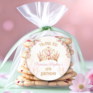 Princess Crown Pink Floral Girl Birthday Favour Classic Round Sticker