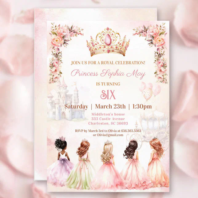 Princess Crown Pink Gold Floral Girl Birthday Invitation | Zazzle