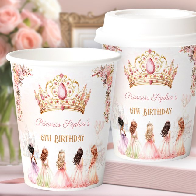 Princess Crown Pink Gold Floral Girl Birthday Paper Cups (Princess Crown Pink Gold Floral Girl Birthday Paper Cups)