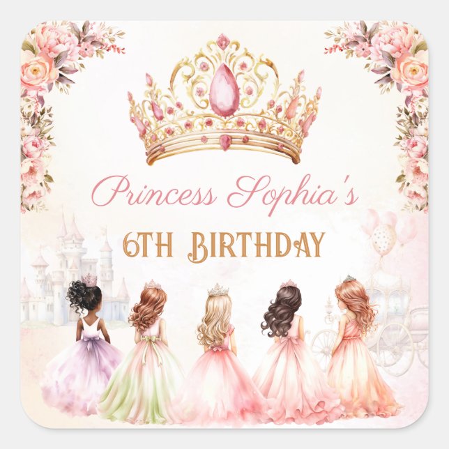 Princess Crown Pink Gold Floral Girl Birthday Square Sticker (Front)