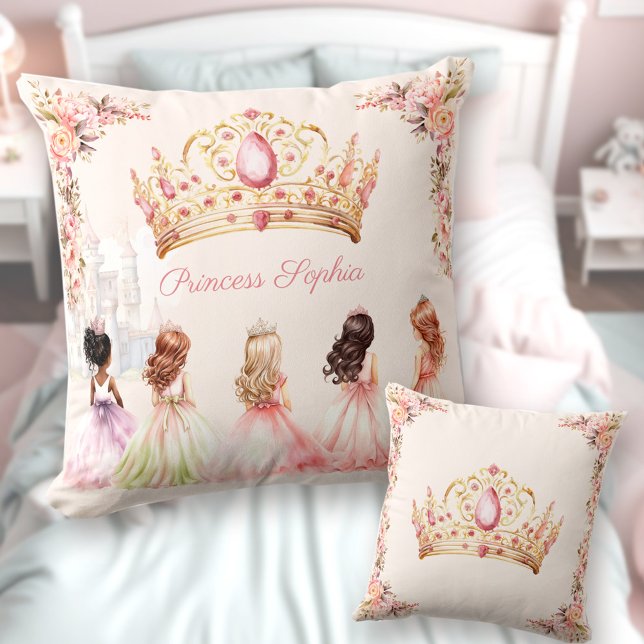 Princess Crown Pink Gold Floral Girl Name Cushion (Princess Crown Pink Gold Floral Girl Name Throw Pillow)