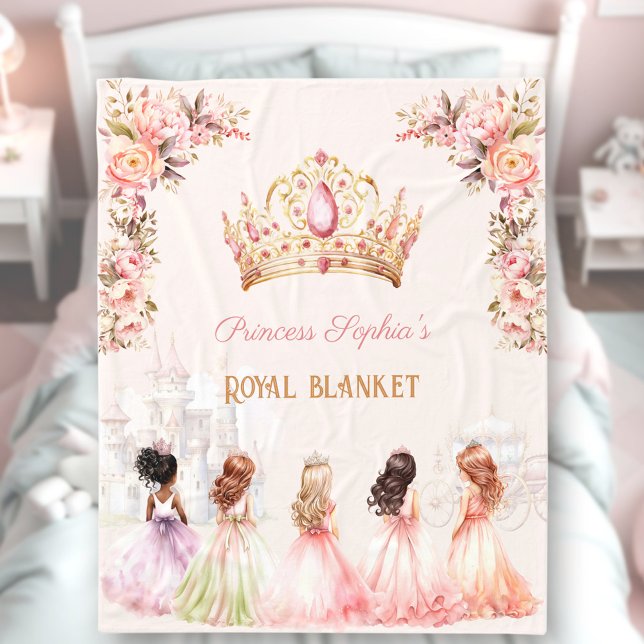 Princess Crown Pink Gold Floral Girl Name Fleece Blanket (Princess Crown Pink Gold Floral Girl Name Fleece Blanket)