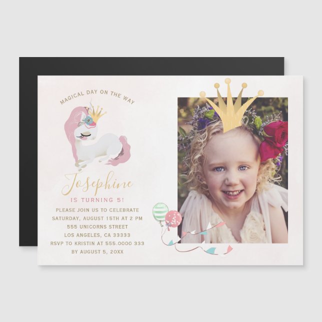 Princess crown pink gold girl photo birthday party magnetic invitation (Front/Back)