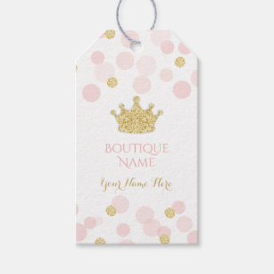 Princess Crown Pink Gold Glitter Confetti Dots Gift Tags
