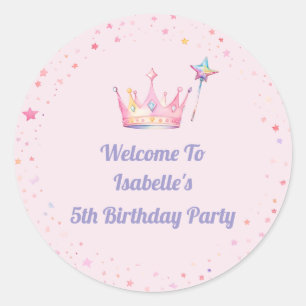 Princess Crown Pink Little Girl 5th Birthday Classic Round Sticker