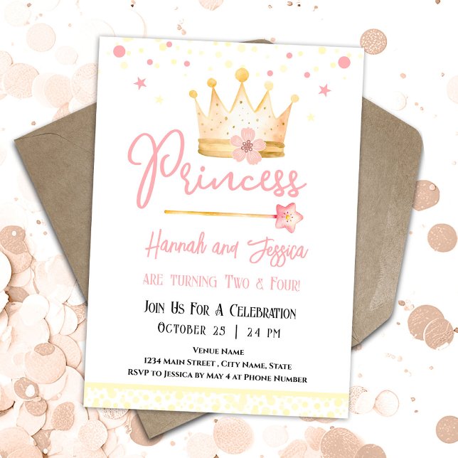 Princess Crown Pink Little Girls Double Birthday Invitation (Creator Uploaded)
