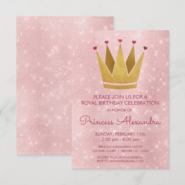 Princess Crown Pink - Rose Gold Birthday Invitation (Front/Back)