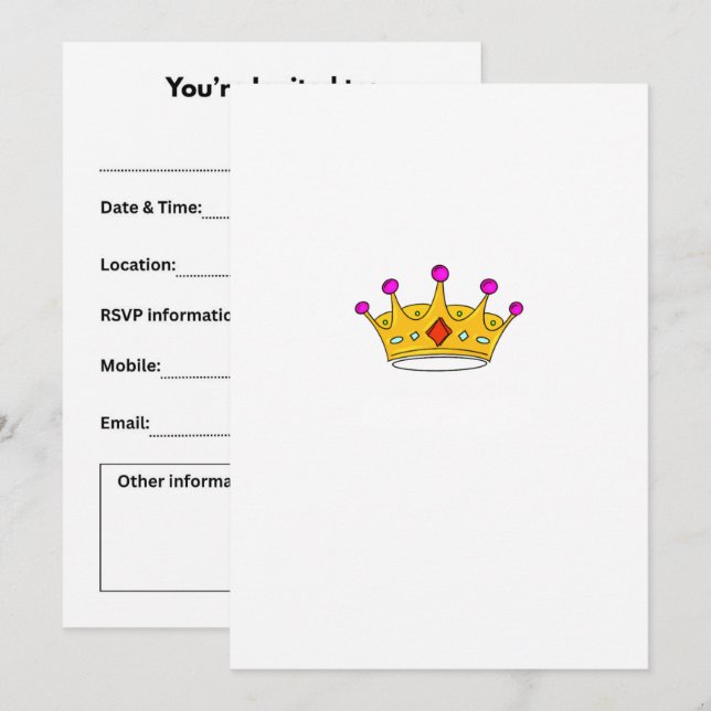 Princess crown, prince crown, crown theme invitation (Front/Back)