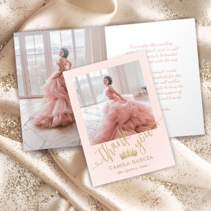 Princess Crown Quinceañera Chic Blush Pink & Gold Thank You Card