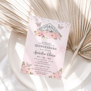 Princess Crown Quinceañera Pink Floral Butterflies Invitation