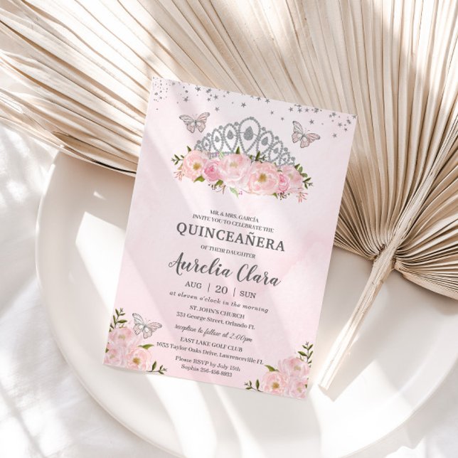 Princess Crown Quinceañera Pink Floral Butterflies Invitation (Creator Uploaded)