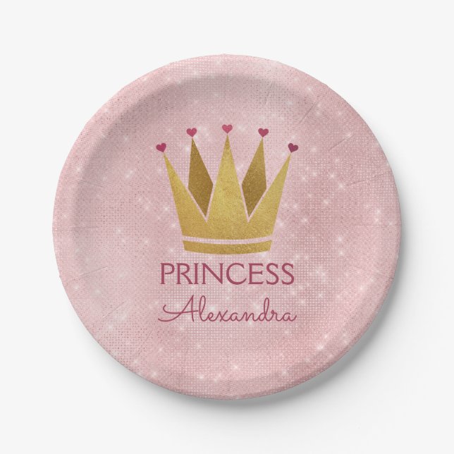 Princess Crown Rose Gold Blush Pink Sparkle Paper Plate (Front)