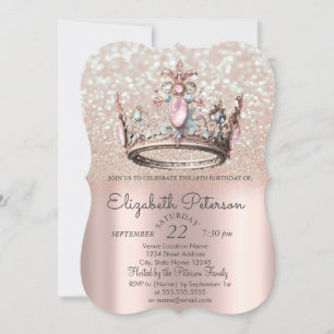 Princess Crown Rose Gold Bokeh 18th Birthday Invitation