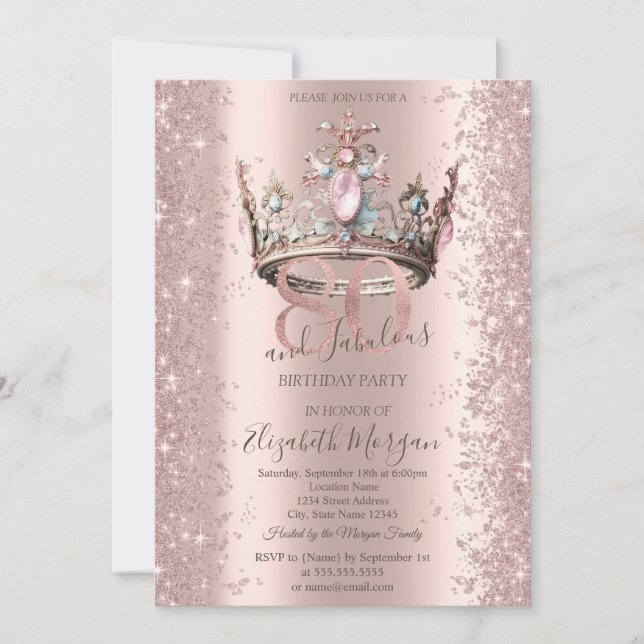 Princess Crown Rose Gold Sparkle Diamonds 80th Invitation (Front)