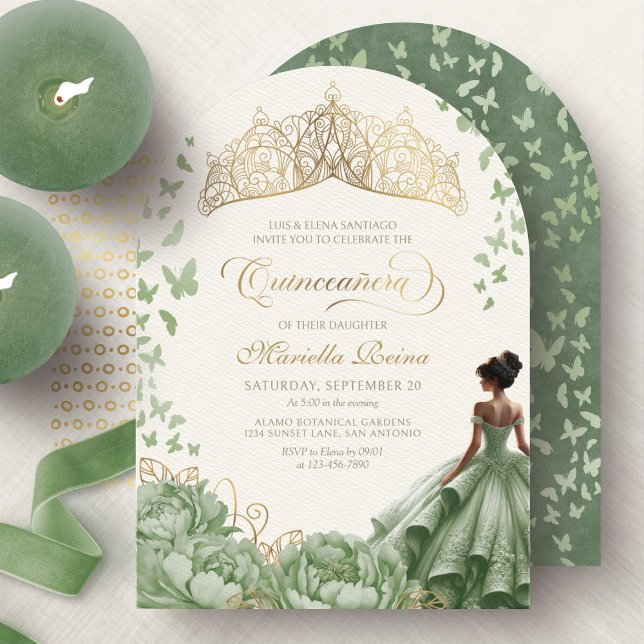 Princess Crown Tiara Sage Green Quinceanera Invitation (Creator Uploaded)
