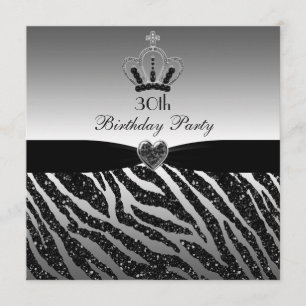 Princess Crown Zebra Glitter 30th Birthday Invitation