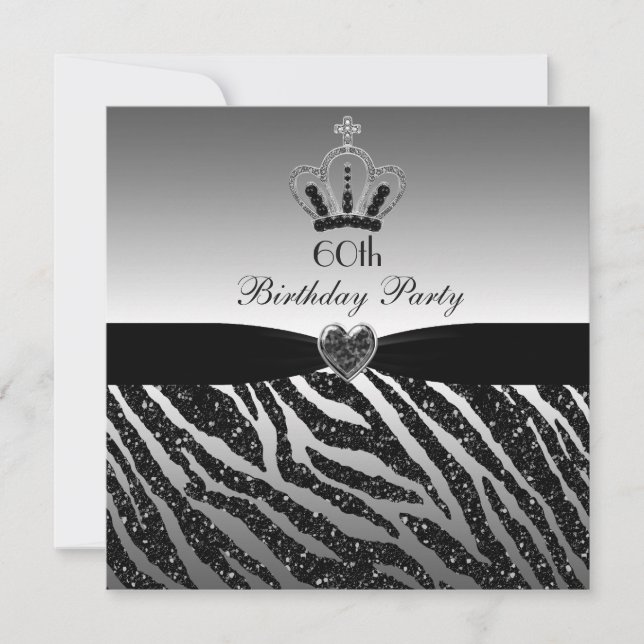 Princess Crown Zebra Glitter 60th Birthday Invitation (Front)