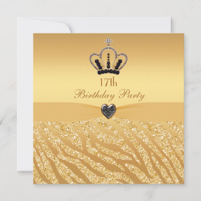 Princess Crown & Zebra Glitter Print 17th Birthday Invitation (Front)