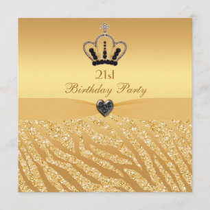 Princess Crown & Zebra Glitter Print 21st Birthday Invitation