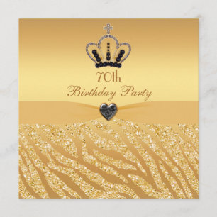 Princess Crown & Zebra Glitter Print 70th Birthday Invitation