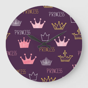 Princess crowns: watercolor glitter pattern. large clock