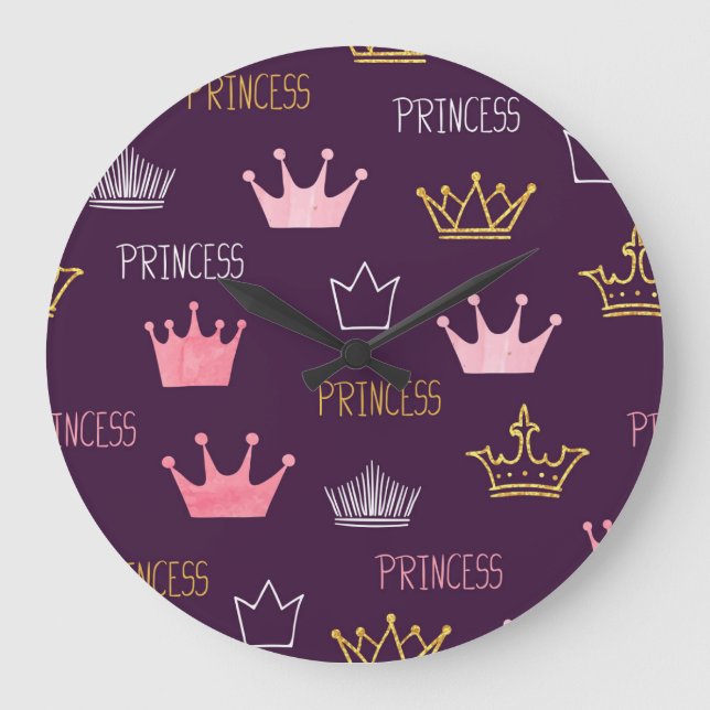 Princess crowns: watercolor glitter pattern. large clock (Front)