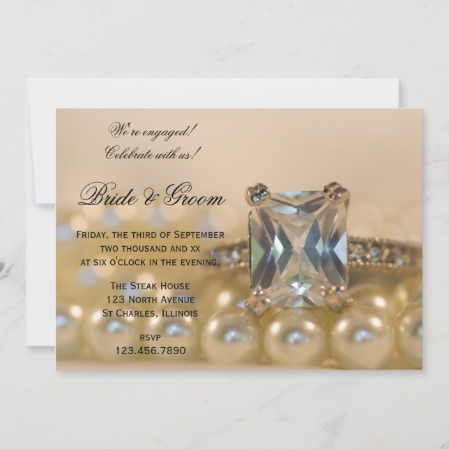 Princess Cut Diamond and Pearls Engagement Party Invitation (Front)