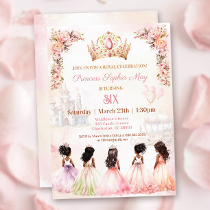 Princess Dark Skin Crown Pink Floral Birthday Invitation