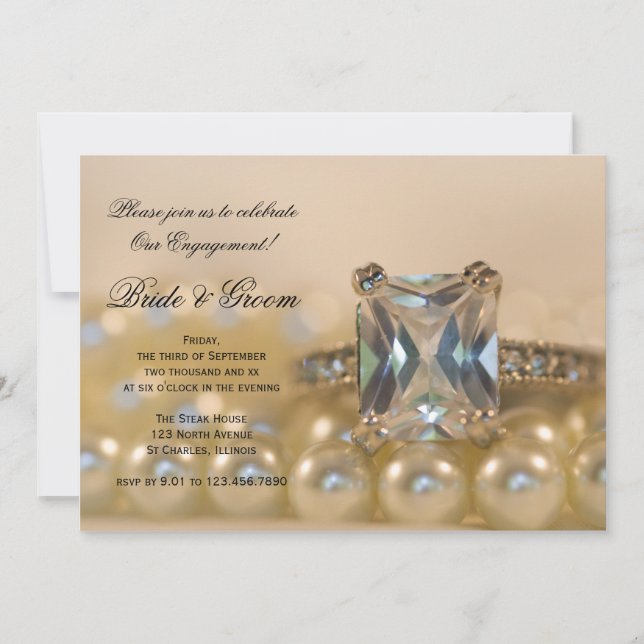 Princess Diamond and White Pearls Engagement Party Invitation (Front)