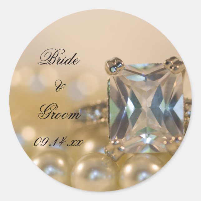 Princess Diamond Ring and White Pearls Wedding Classic Round Sticker (Front)