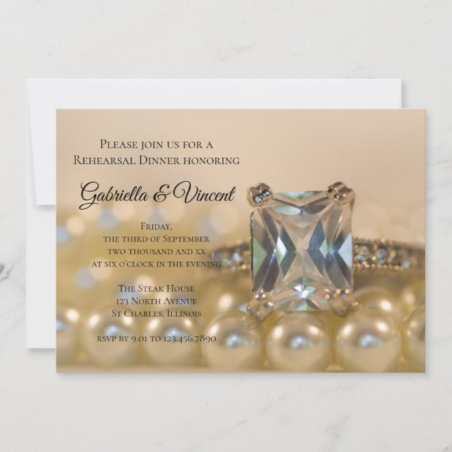 Princess Diamond Ring Pearls Rehearsal Dinner Invitation (Front)
