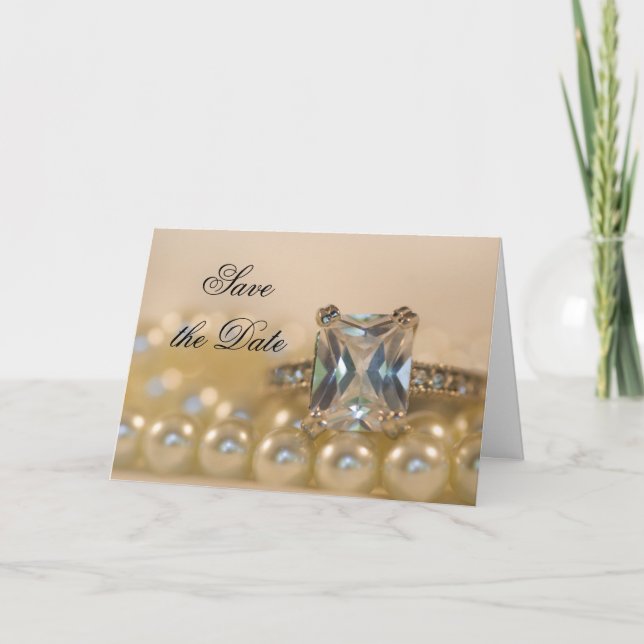 Princess Diamond Ring Pearls Wedding Save the Date Announcement (Front)