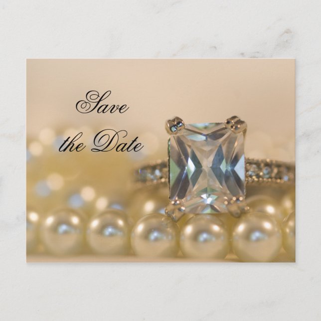 Princess Diamond Ring Pearls Wedding Save the Date Announcement Postcard (Front)