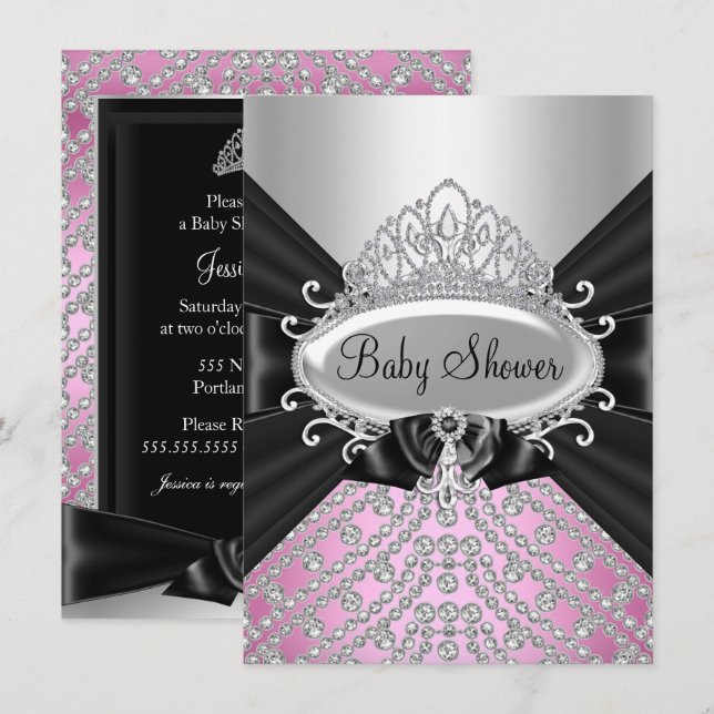 Princess Diamond Tiara & Bow Baby Shower Invite (Front/Back)