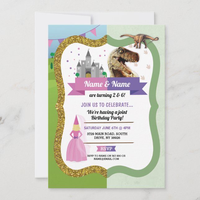 Princess & Dinosaur Boy Girl Birthday Dino Castle Invitation (Front)