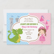 Princess & Dragon Birthday Invitations Twins Joint