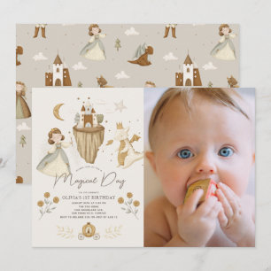 Princess Dragon Boho Fairytale 1st Birthday Photo Invitation