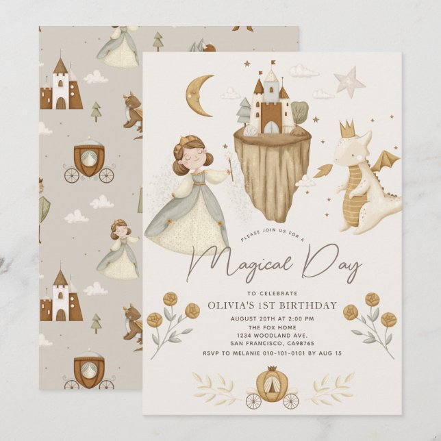 Princess & Dragon Boho Fairytale Girl 1st Birthday Invitation (Front/Back)